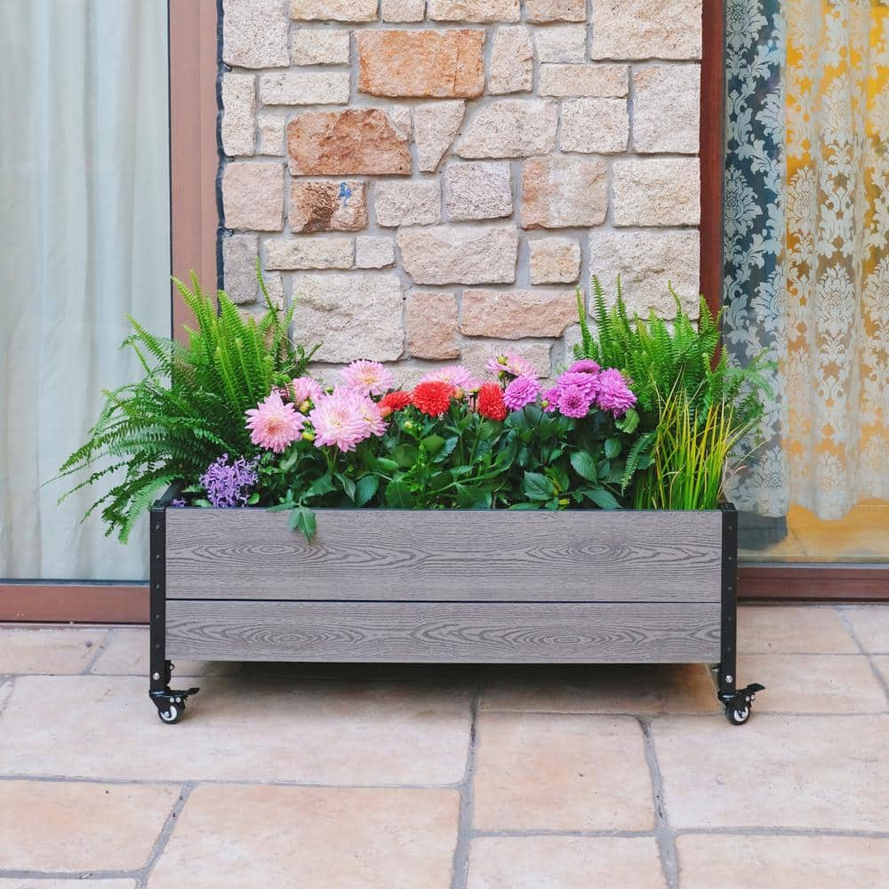 EverBloom 19 in. D x 17 in. H x 45 in. W Grey and Black Composite Board and Steel Mobile Deckside Planter Box Raised Garden Bed K2110G