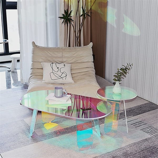 Acrylic Rainbow Color Coffee Table Iridescent Glass Round Side Table