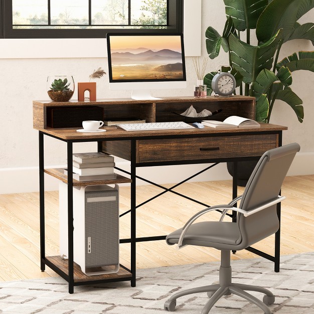 Costway 48 computer Desk With Monitor Stand Home Office Writing Desk With Storage Drawer And 2 Open Shelves Rustic Brown