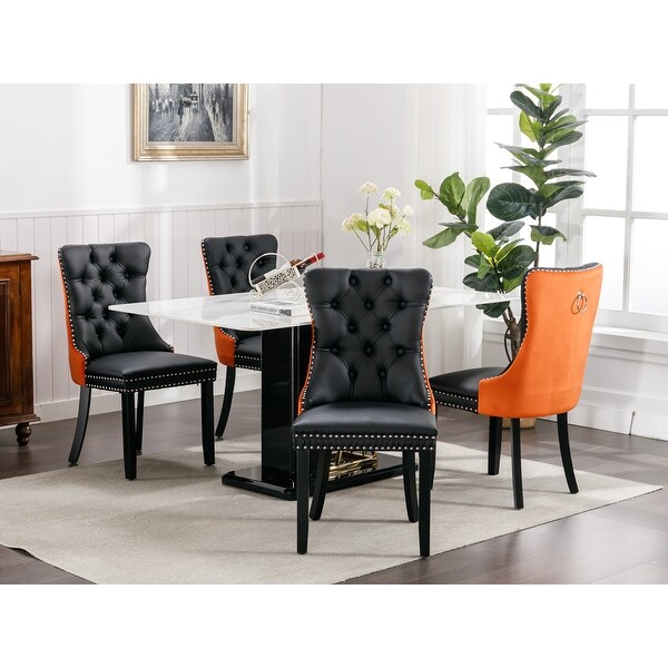 Modern， High-end Tufted Solid Wood Contemporary PU and Velvet Upholstered Dining Chair with Wood Legs Nailhead Trim 2-Pcs Set