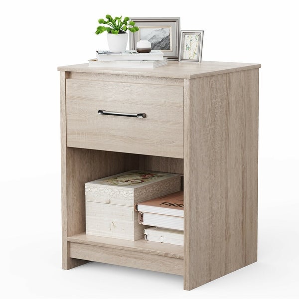 Gymax Nightstand with Drawer Storage Shelf Wooden End Side Table