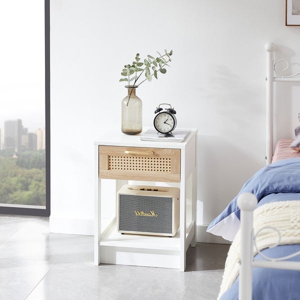 Rectangle MDF Rattan End Table with Drawer Modern Nightstand Side Table - 15.75*15.75