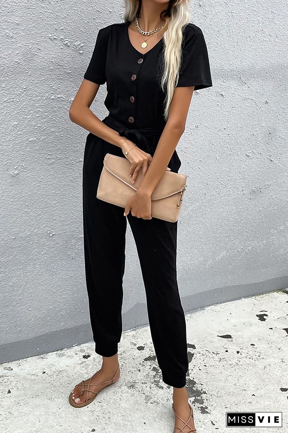 Black Short Sleeve Jumpsuit With Belt Wholesale