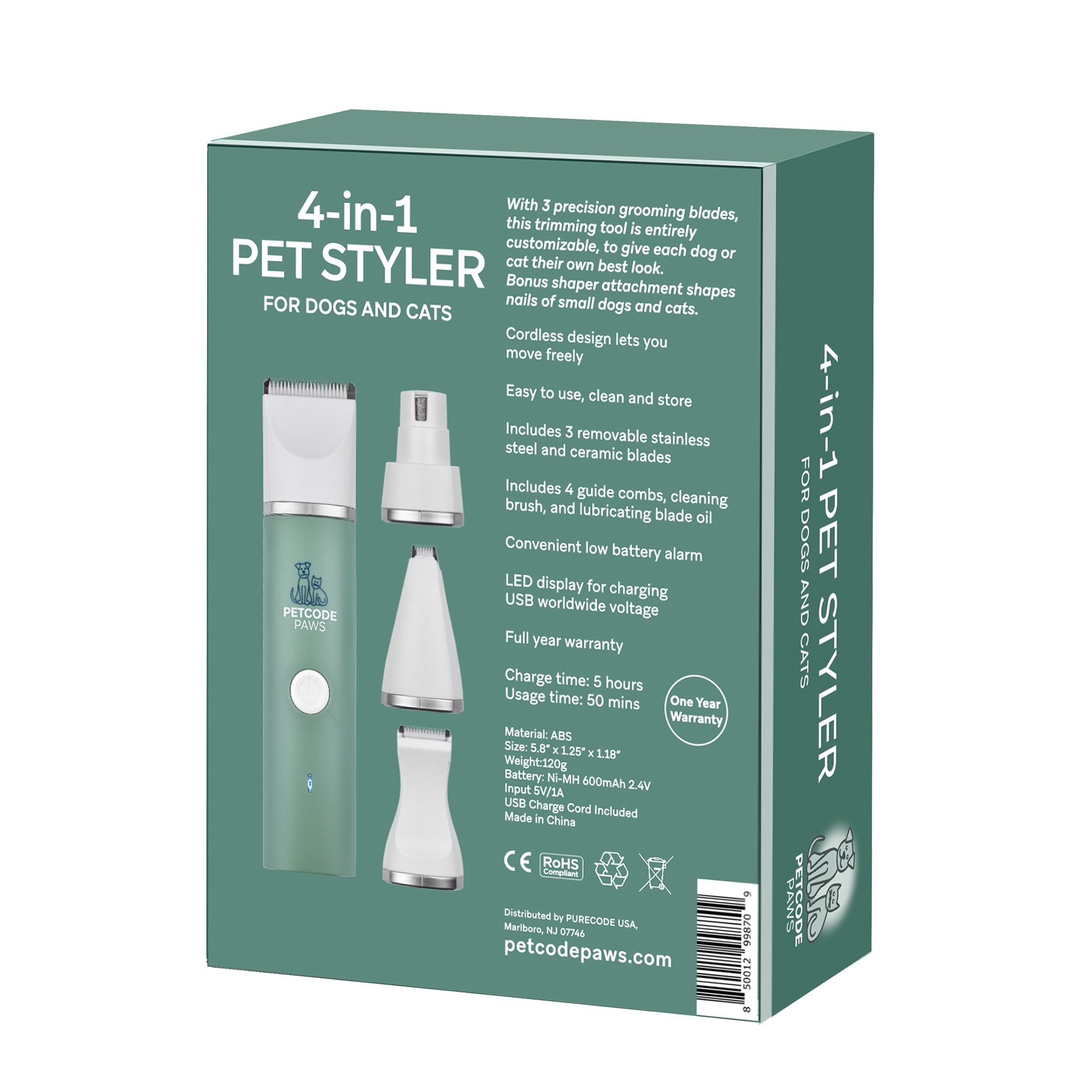 Petcode Paws 4-in-1 Pet Styler Trimmer and Filer for Dog and Cat Grooming， 5.9