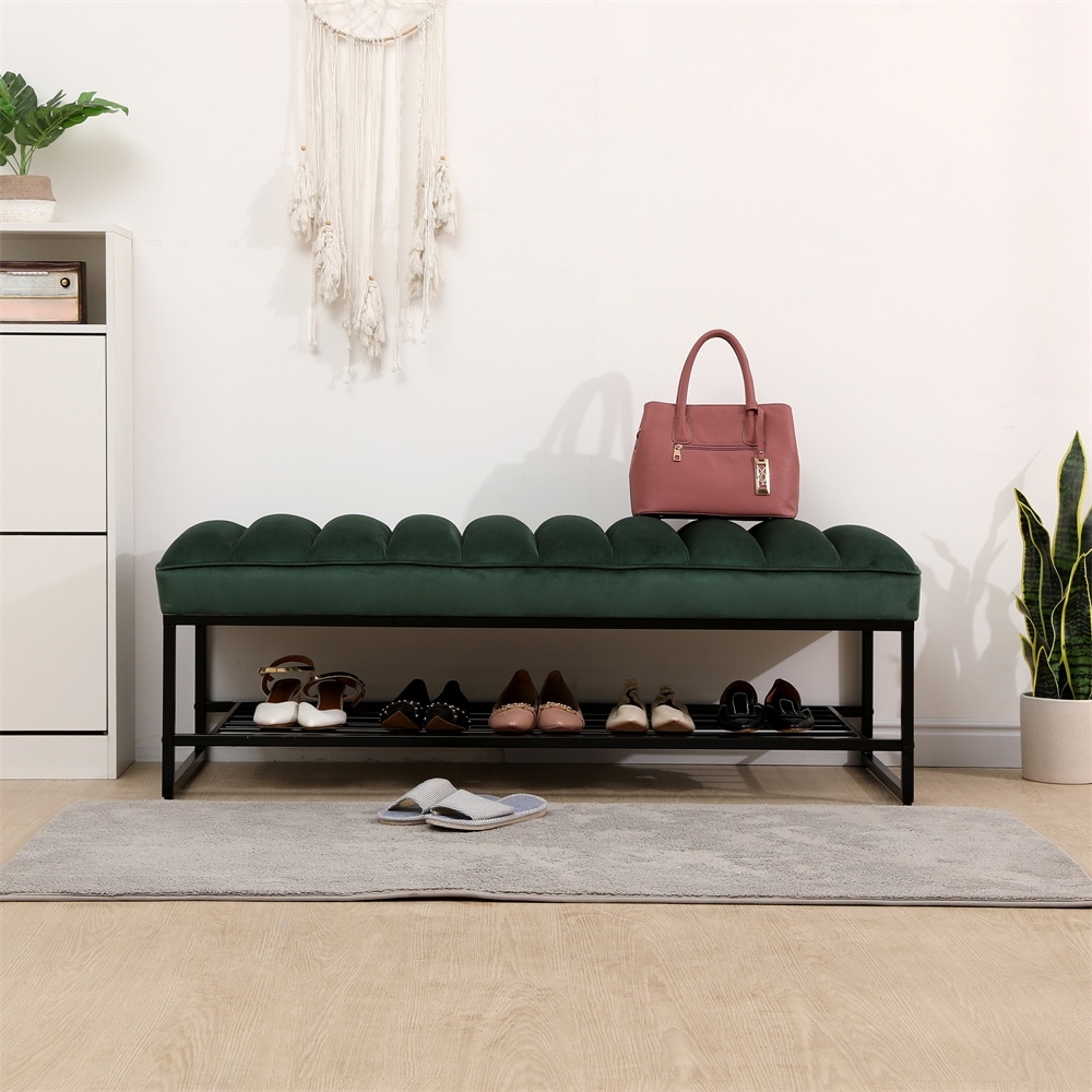 Velvet Channel Tufted Ottoman End of Bed Bench with Storage Shelf