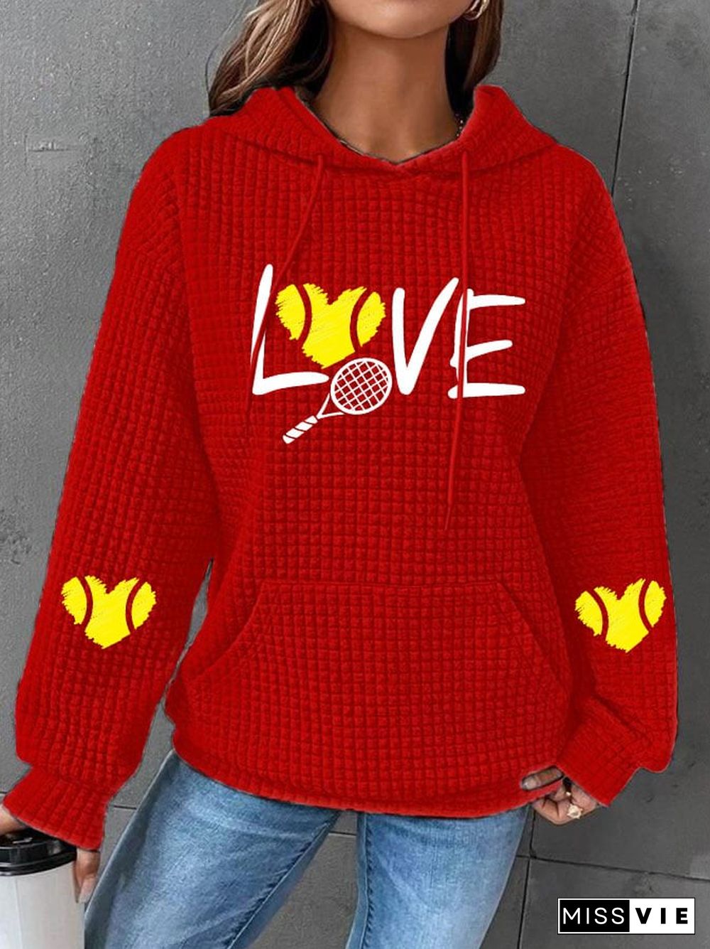 Women's love tennis printed waffle hooded sweatshirt