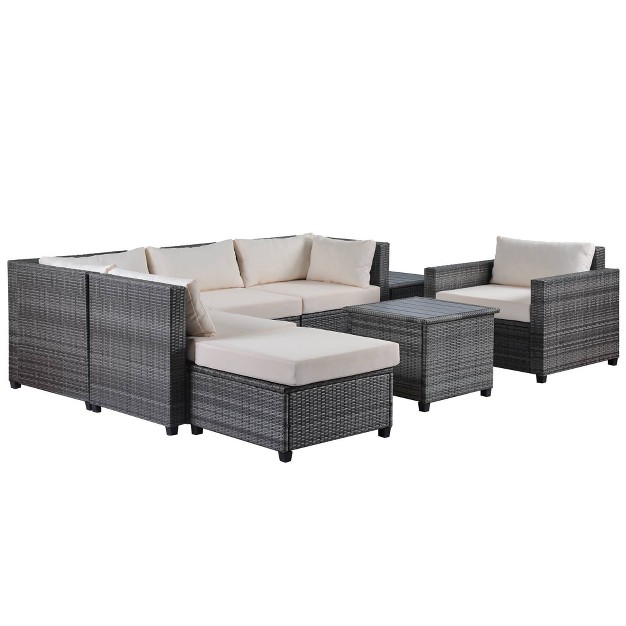 8pc Wicker Patio Conversation Set With Cushions Beige Godeer