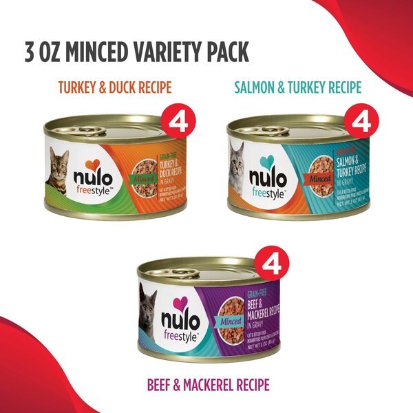 Nulo Freestyle Minced Salmon and Turkey， Minced Beef and Mackerel， Minced Turkey and Duck Grain-Free Variety Pack Canned Cat Food