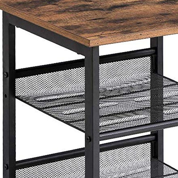 Wooden Side Table with Metal Mesh Shelves， Set of 2， Black and Brown - 19.7 H x 15.7 W x 15.7 L Inches