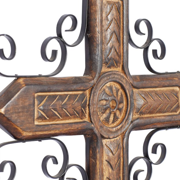 Mango Wood Biblical Carved Cross Wall Decor With Metal Scrollwork Brown Olivia amp May