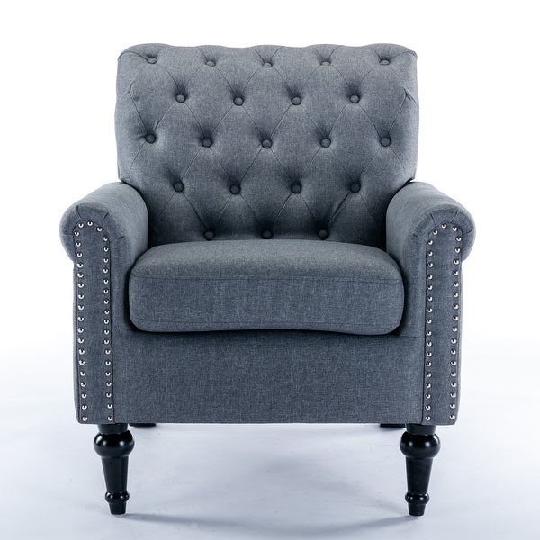 Linen Fabric Accent Armchair Tufted Upholstered Sofa， Dark Gray