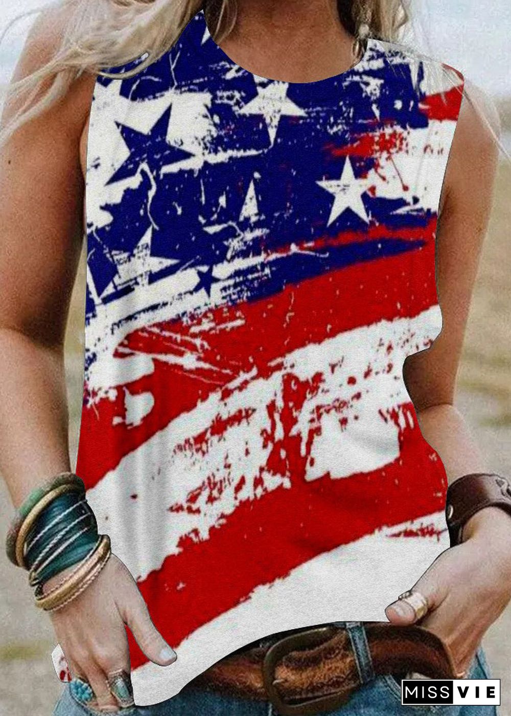 Bohemian Red O-Neck Flag Print Cotton Tank Top Sleeveless