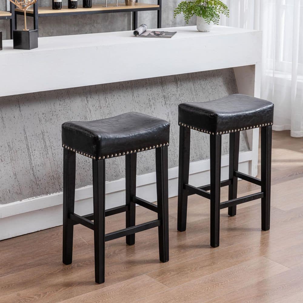 29 in. Black Backless Solid Wood Bar Stools (Set of 2) MX-W114341383