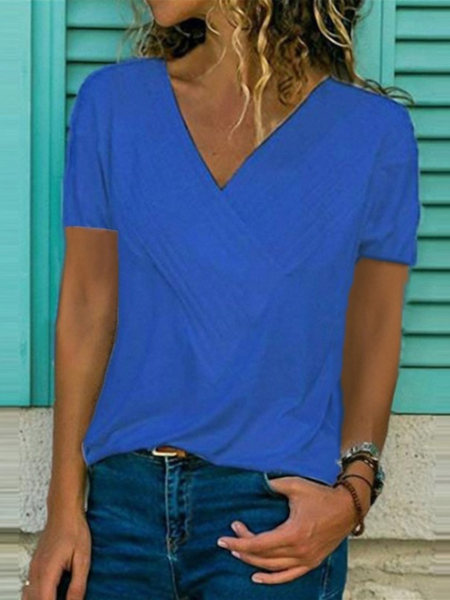 Casual V-neck Solid Color Short Sleeve T-Shirt