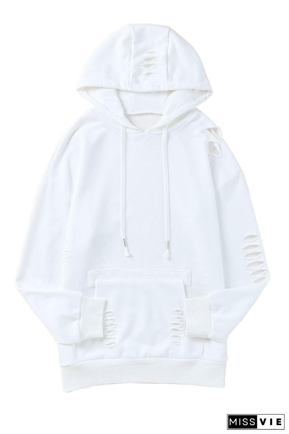 Solid Ripped Hooded Sweatshirt With Kangaroo Pocket