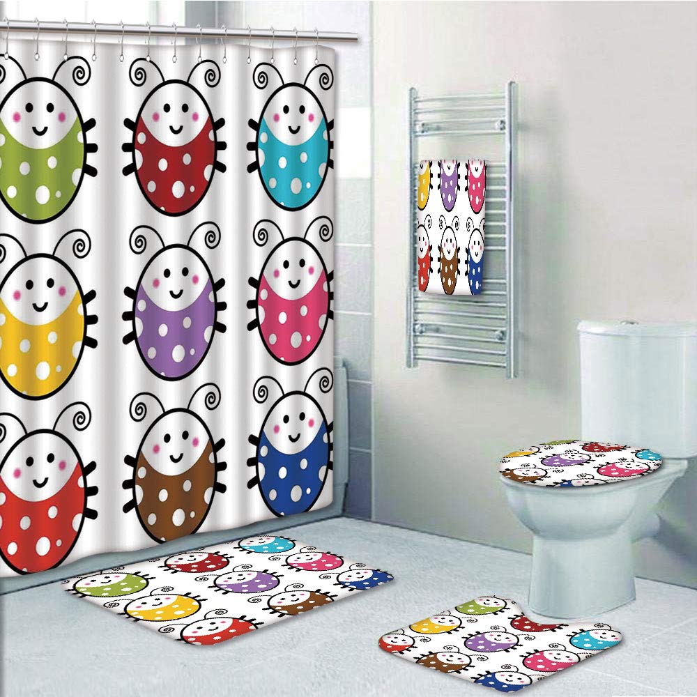 PRTAU Ladybugs Number of Cute Smiling Ladybugs in Colorful Dot Kids Nursery 5 Piece Bathroom Set Shower Curtain Bath Towel Bath Rug Contour Mat and Toilet Lid Cover