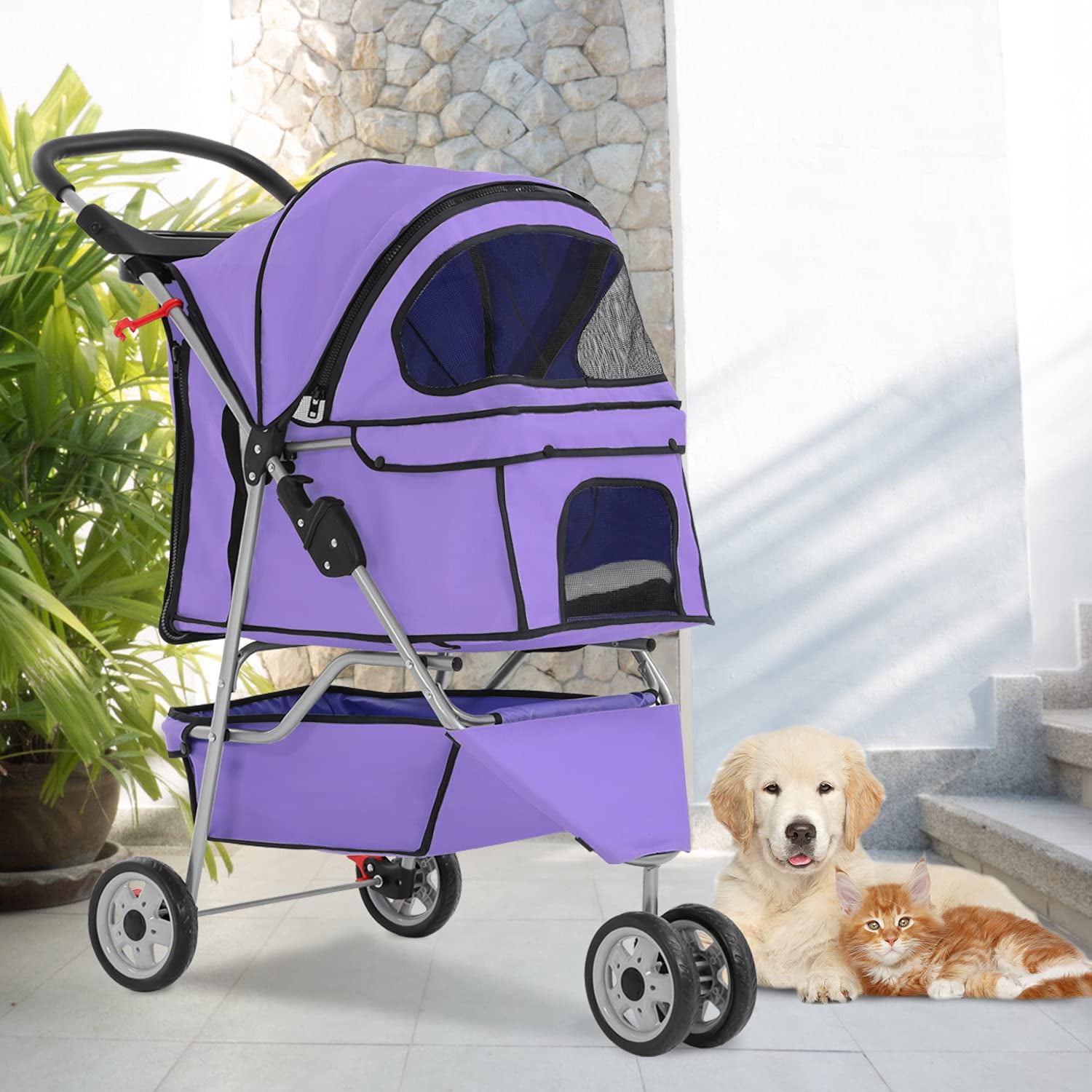 BestPet 3 Wheel Collapsible Pet Stroller，Purple