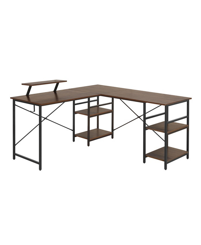 Techni Mobili Wood L-Shape with Storage Shelves Industrial Desk