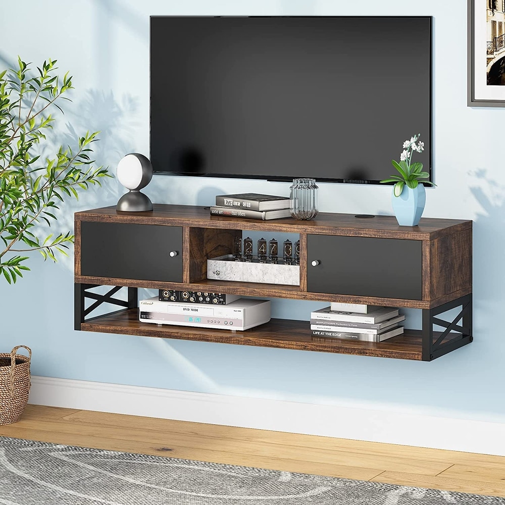 Floating TV Stand with Cable Management   2 Door Storage Cabinet  40 Inch Wall Mounted TV Shelf