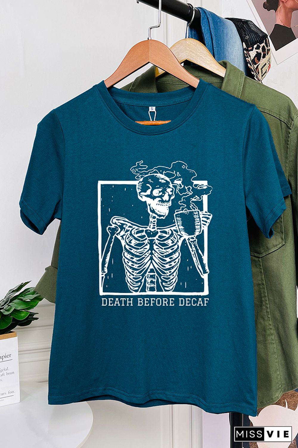 Skeleton Death Before Decaf Skeleton Drink Coffee Graphic T-Shirt Wholesale