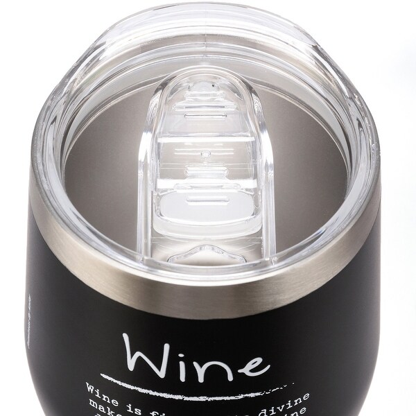 Wine is Fine Wine Tumbler Stainless Steel with Plastic Lid 12 Ounces - Black