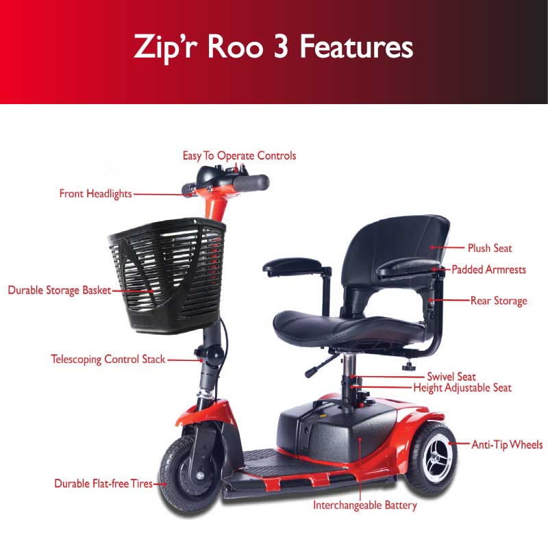 Zip'r Roo 3-Wheel Travel Mobility Scooter, Red