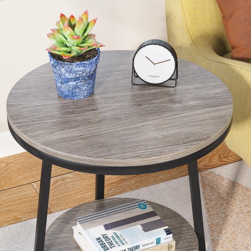 2 Tier Industrial Round Side End Table with Storage Living Room