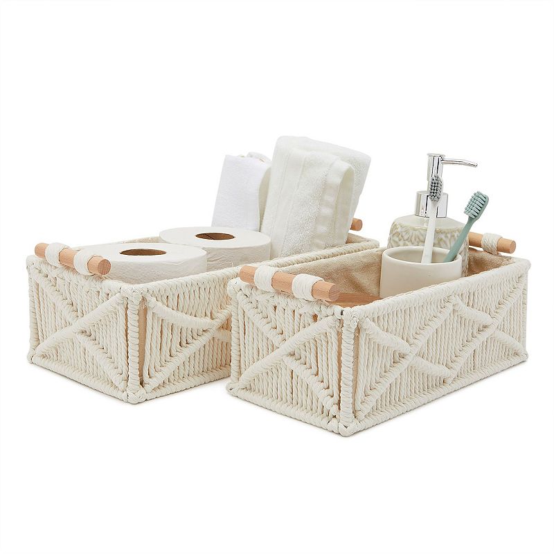 Macrame Basket Storage for Bohemian Style Home Decor and Nursery (2 Sizes， White， 2 Pack)