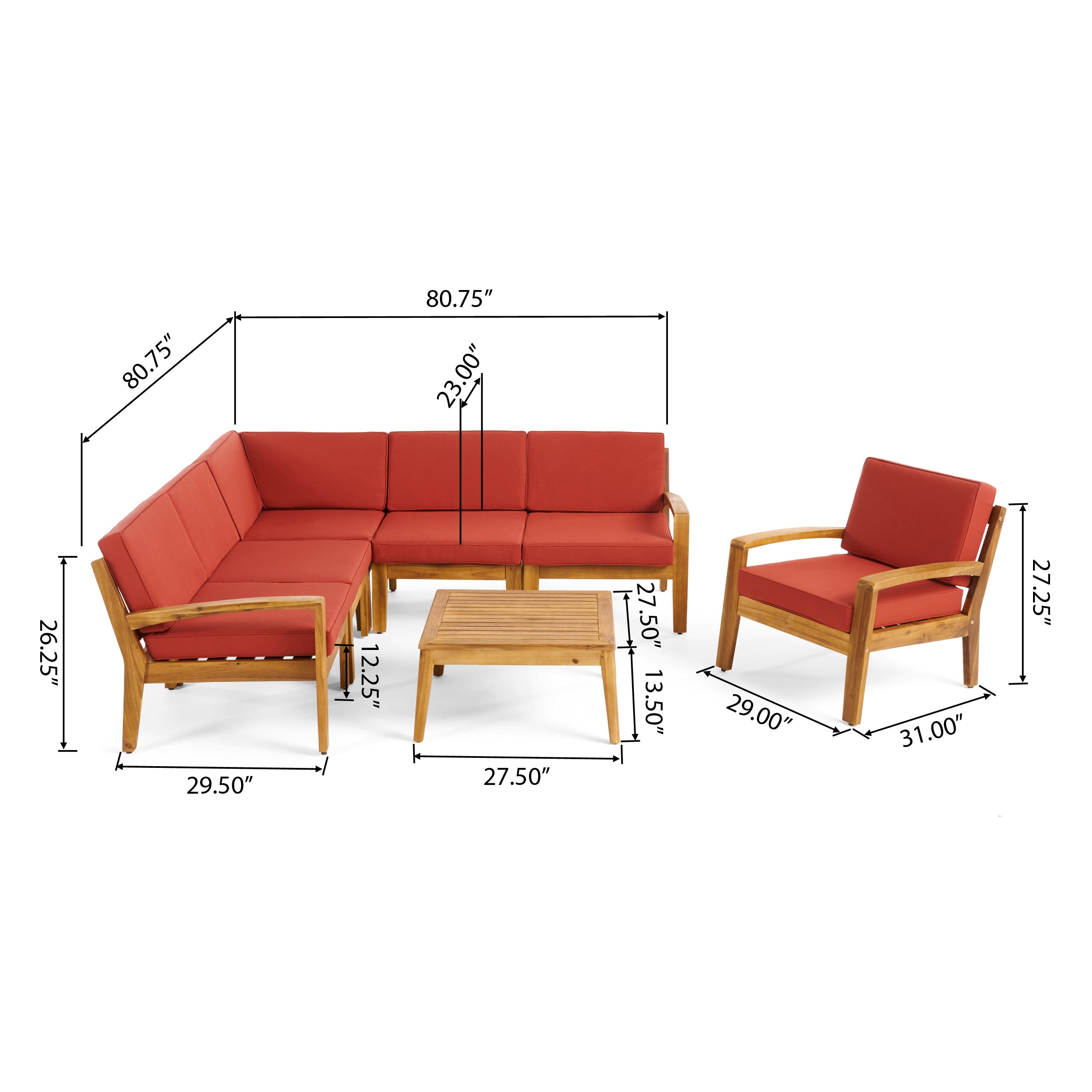 Giselle Outdoor Acacia Wood 6 Seater Sectional Sofa and Club Chair Set with Coffee Table