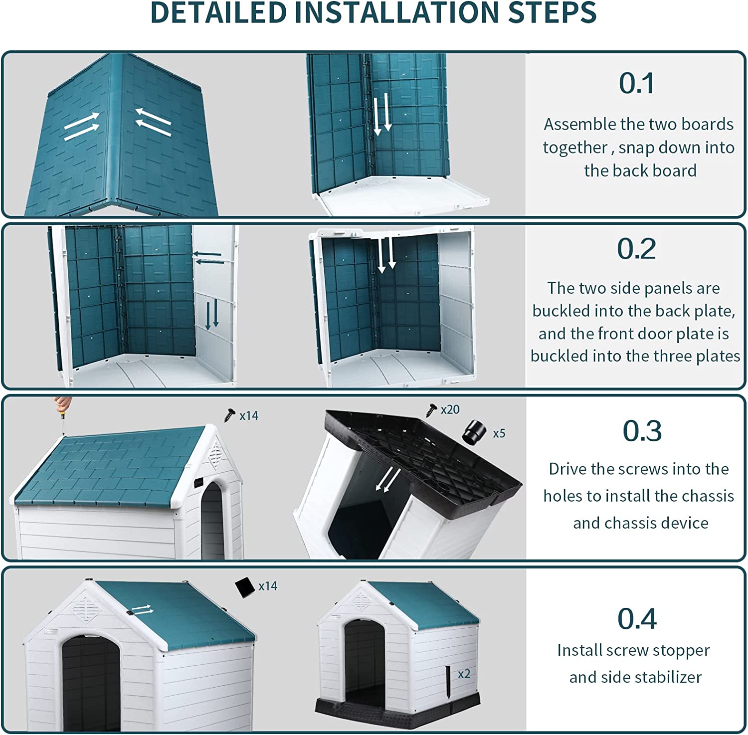 Waleaf Plastic Dog House Outdoor Indoor for Small Medium Larige Dogs，Waterproof Dog Houses with Elevated Floor and Air Vents，Durable Ventilate and Easy Clean and Assemble