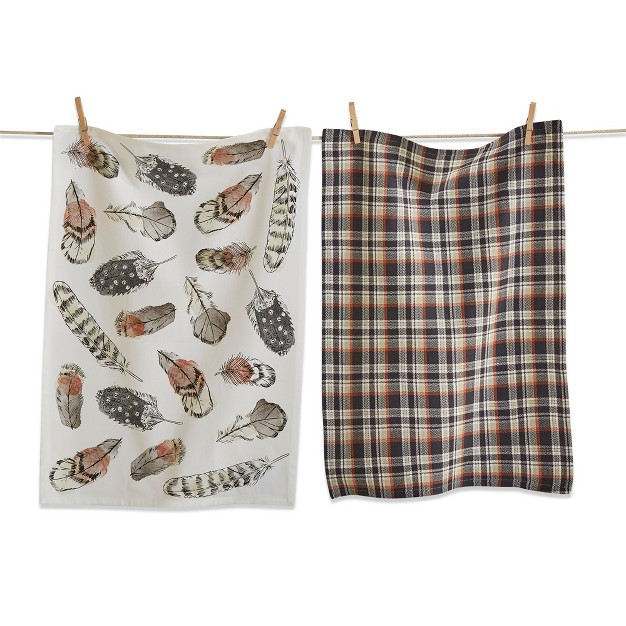 Tagltd Set Of 2 Floating On The Wind Feather Print With Coordinating Plaid Cotton Kitchen Dishtowels 26l X 18w In