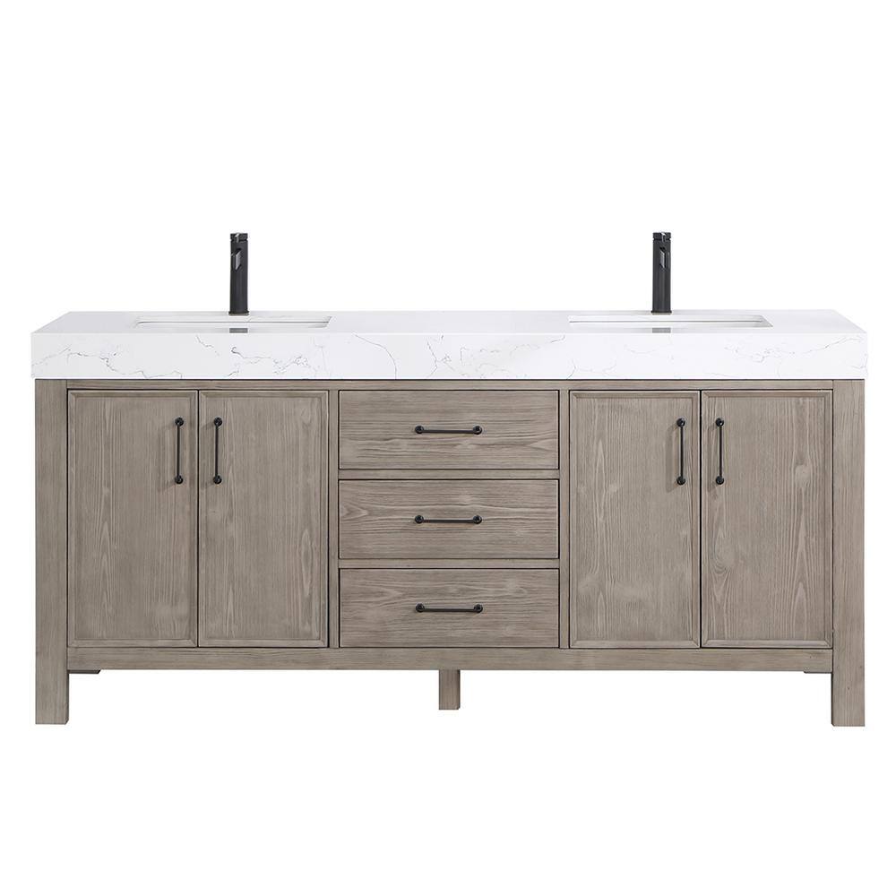 ROSWELL León 72 in.W x 22 in.D x 34 in.H Double Sink Bath Vanity in Fir Wood Grey with White Composite Stone Top 803872-FY-LW-NM