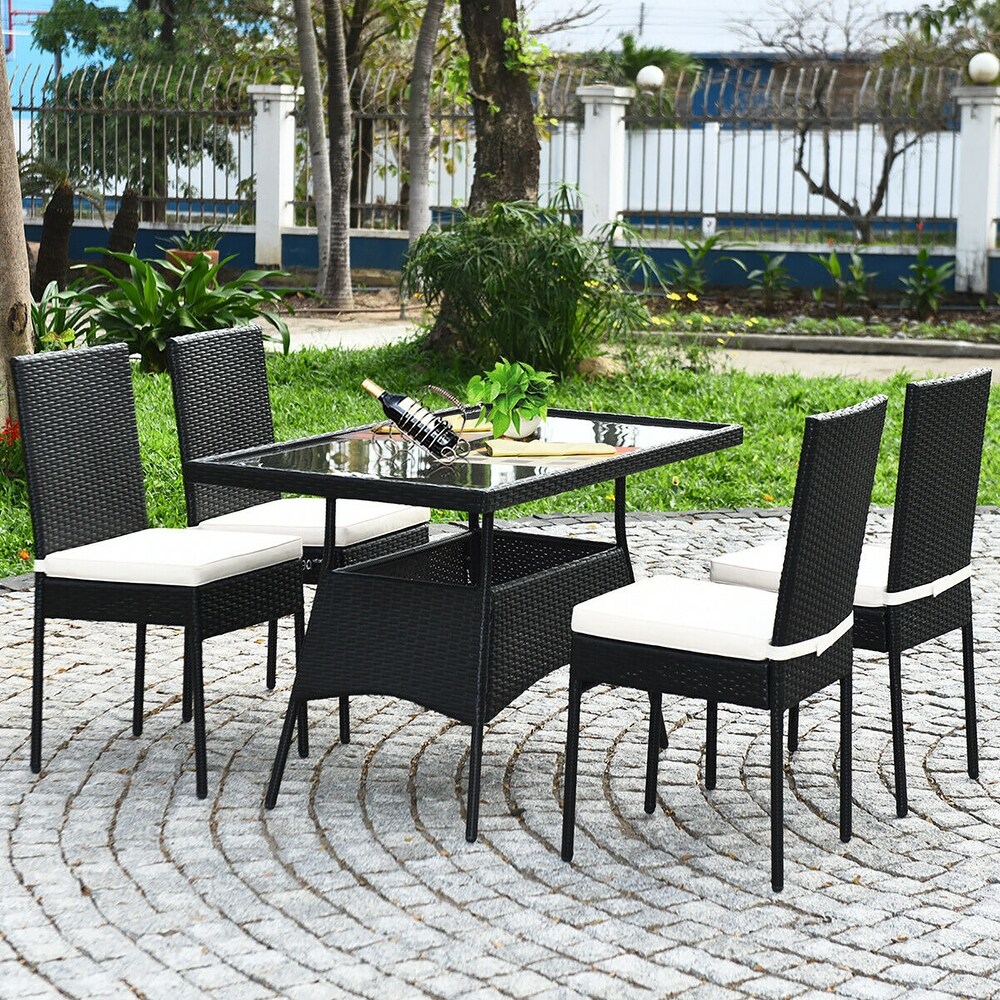 Costway 5PCS Patio Rattan Dining Set Table w/Glass Top Garden   See Details