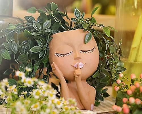 Face Planter Pots - Cute Lady Closed Eyes Head Pots for Indoor/Outdoor Plants（Brown-head Planter）