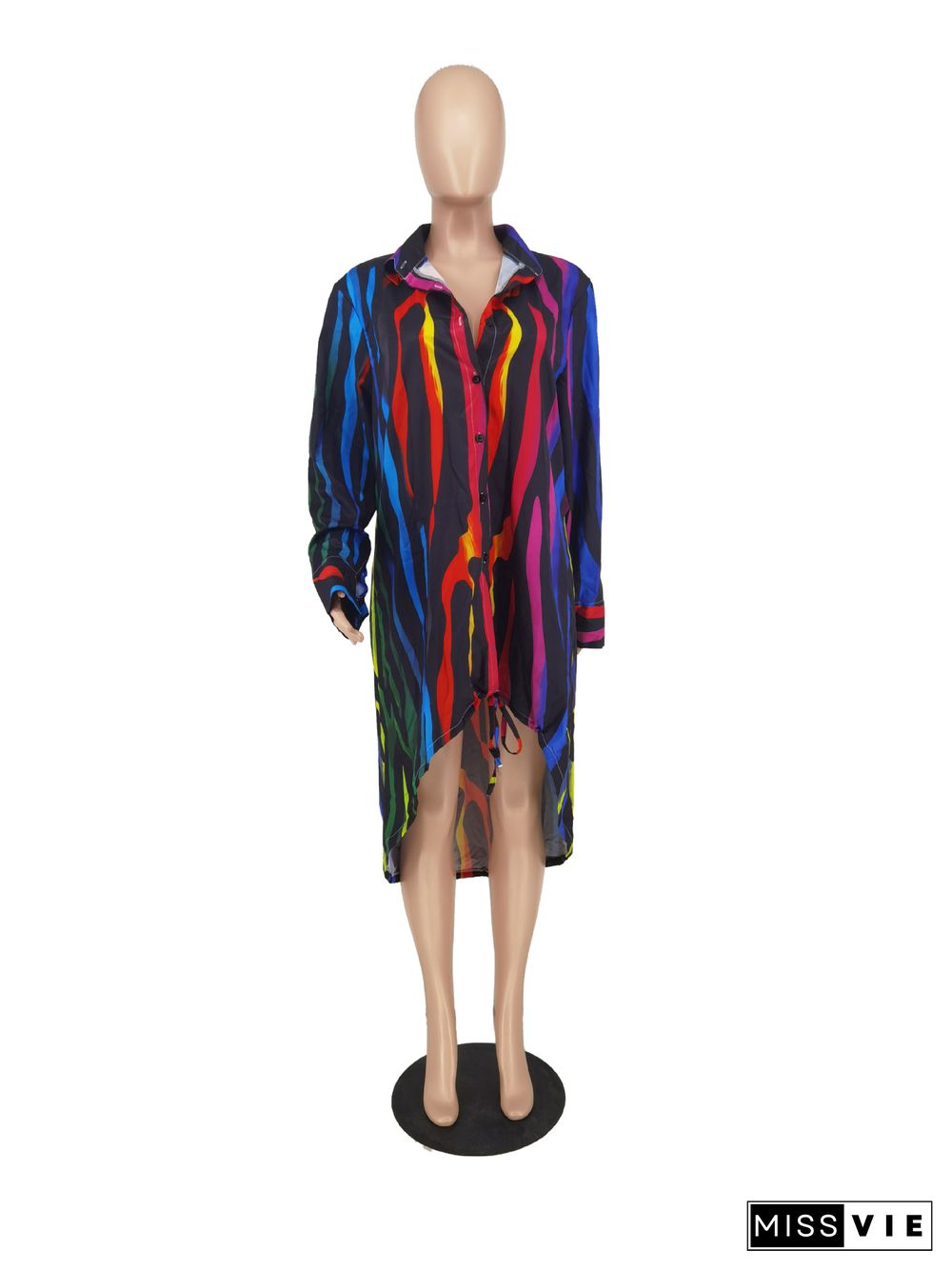 Colorful Stripe Print Loose Irregular Shirt Dresses