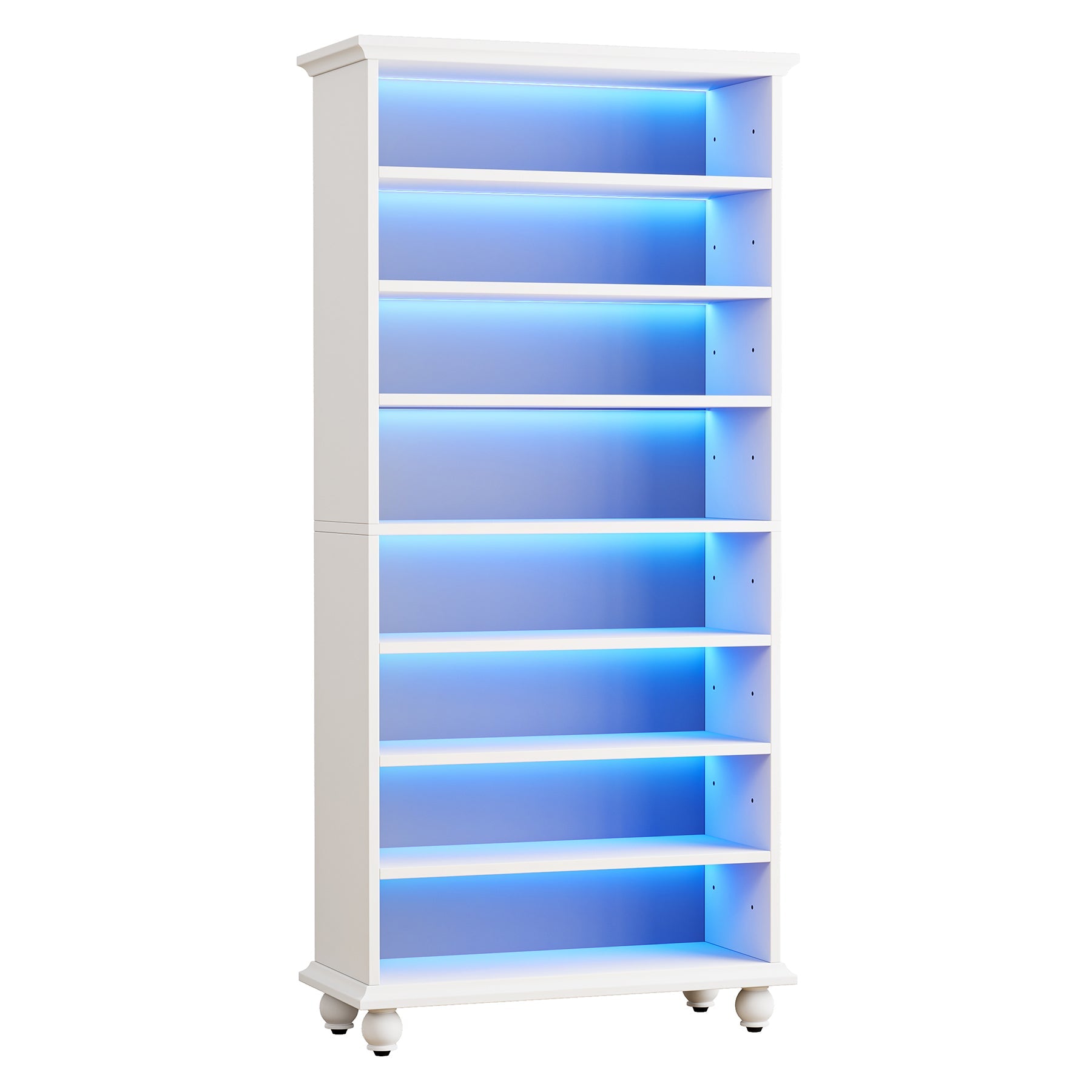 9-Tier Bookcase Wood Bookshelf with LED Lighting & Solid Wood Legs