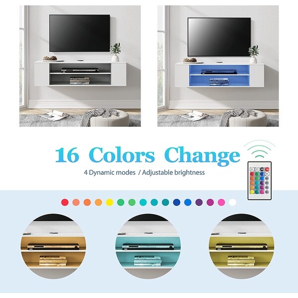 White Floating TV Stand with Colorful LED Lights， Floating Entertainment Center Wall Mounted， Floating TV Media Console