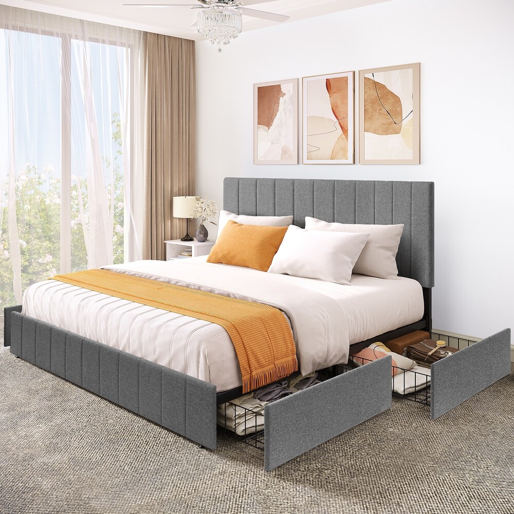 Modern Queen/King Grey Upholstered Bed Frame with Storage Drawers