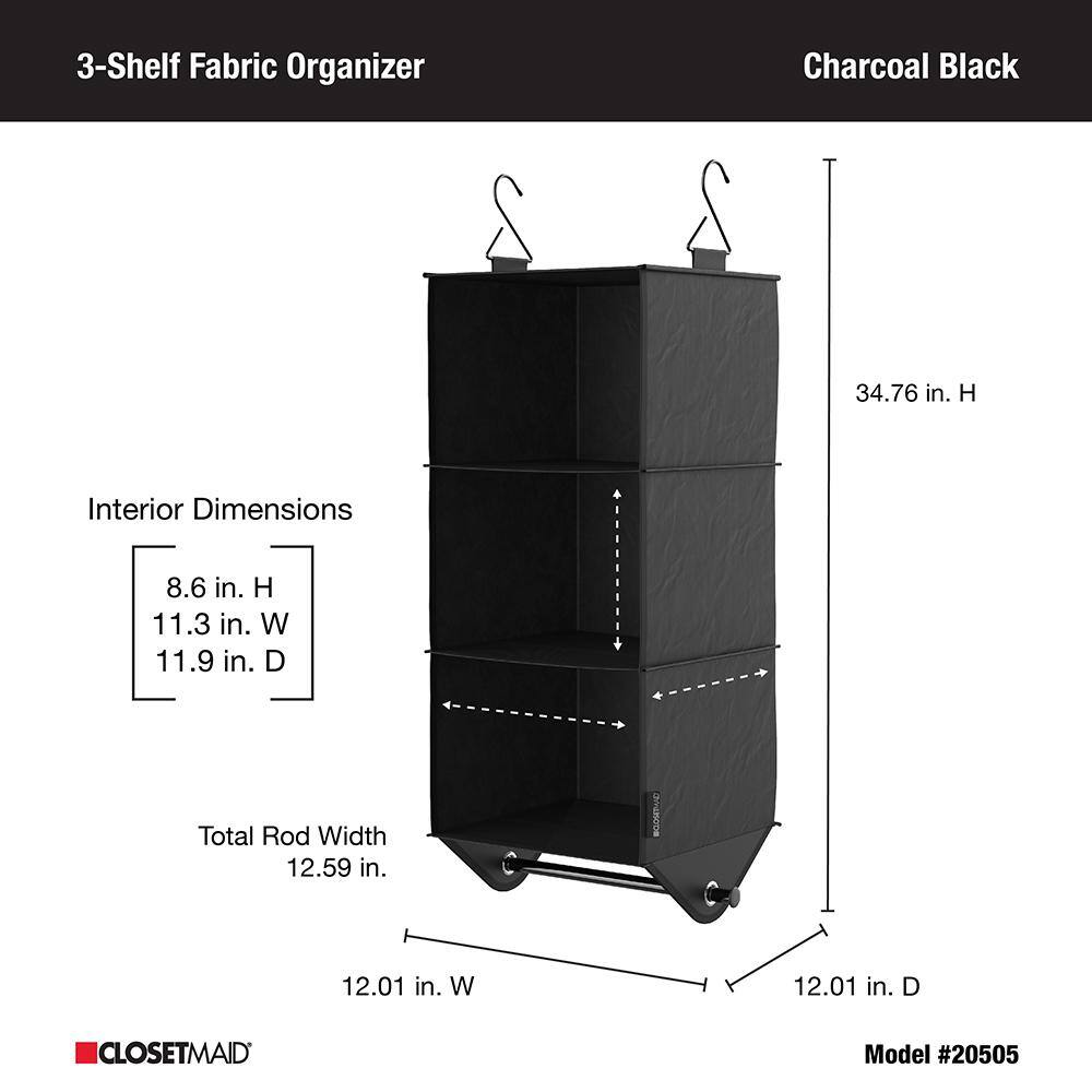 ClosetMaid 34.76 in. H Charcoal Black Fabric Hanging Closet Organizer with 3 Shelves 2050500