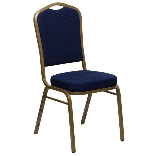 Flash Furniture HERCULES Series Crown Back Stacking Banquet Chair with Navy Blue Patterned Fabric and 2.5'' Thick Seat - Gold Frame