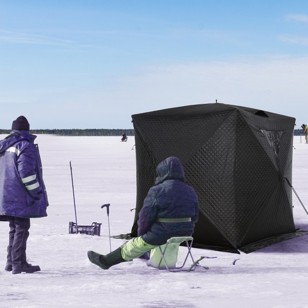 Outsunny 2 Person Ice Fishing Shelter With Padded Walls Thermal Waterproof Portable Pop Up Ice Tent With 2 Doors Black