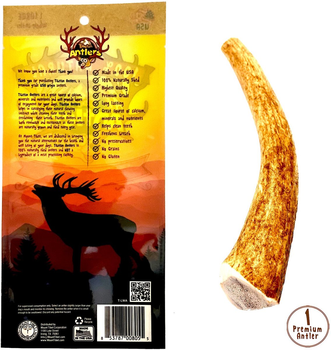 Tibetan Dog Chew Whole Antler Grain-Free Dog Treat， 1 count， Large