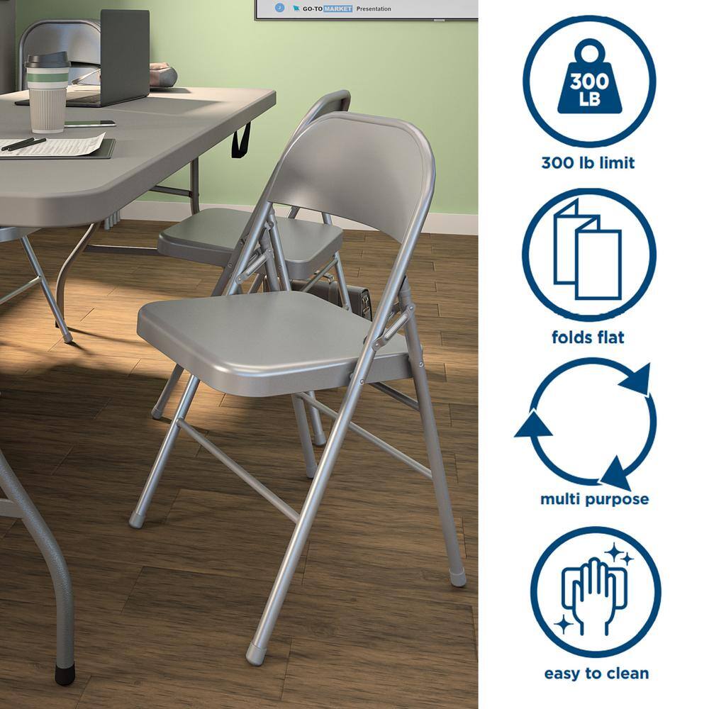 Cosco Bridgeport XL All-Steel Commercial Folding Chair 300 lb. Weight Rating Triple Brace Gray 4-Pack 60915GY4BP