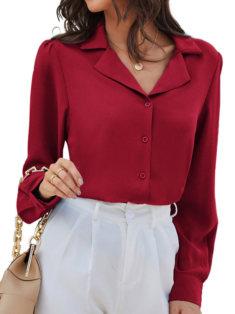 Casual Loose Solid Color Lapel Long Sleeve Blouse