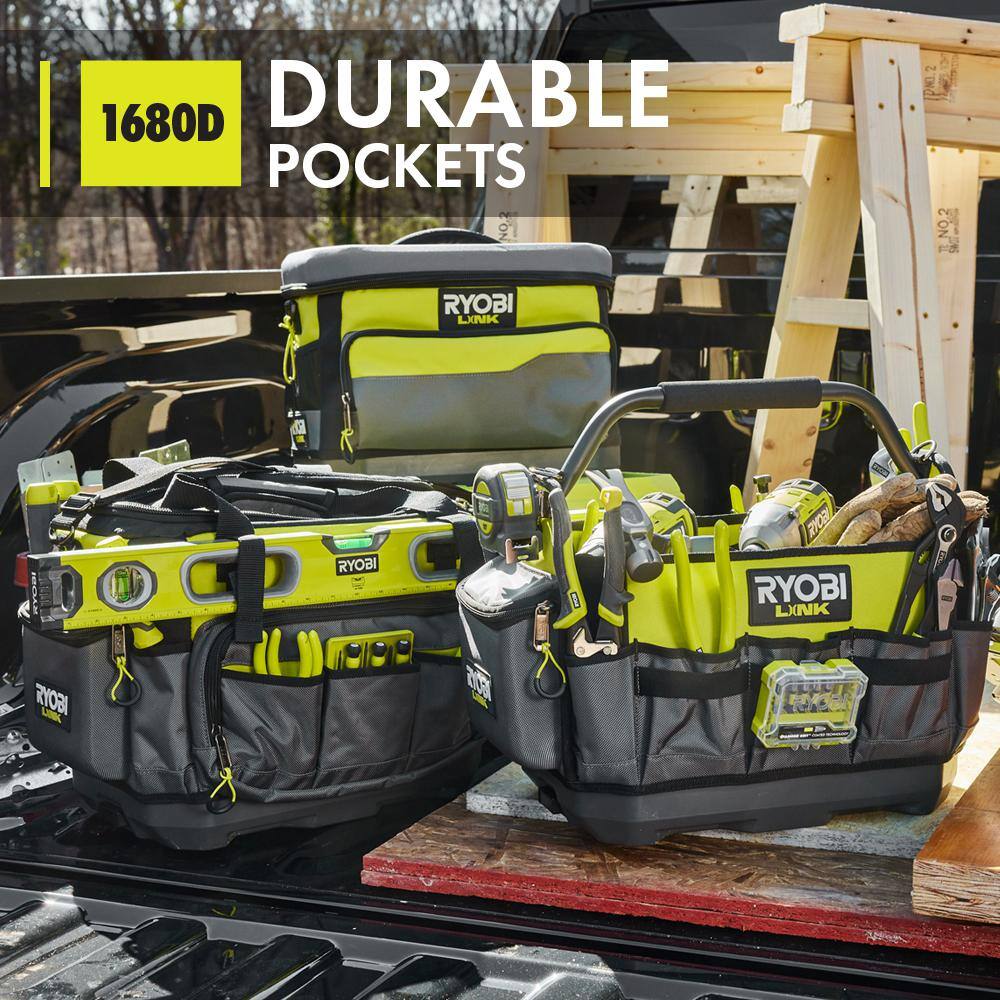 RYOBI LINK 17 in. Tool Bag with Tool Organizer Including Tape Measure Clip and Synching Level Straps STM601