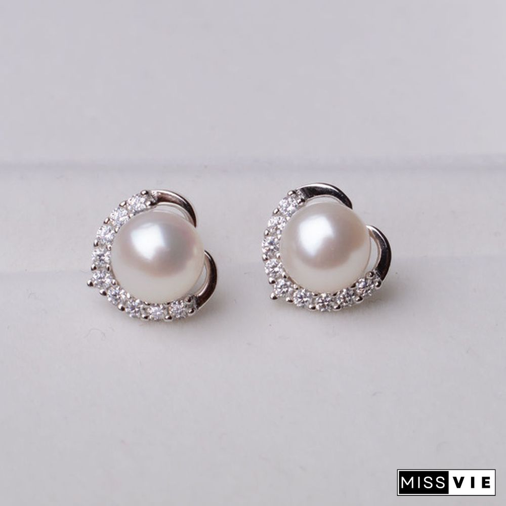 Trendy Fashion Women's S925 Silver Exquisite Pearl Heart-shaped Diamond Crystal Earrings Prevent allergy Jewelry