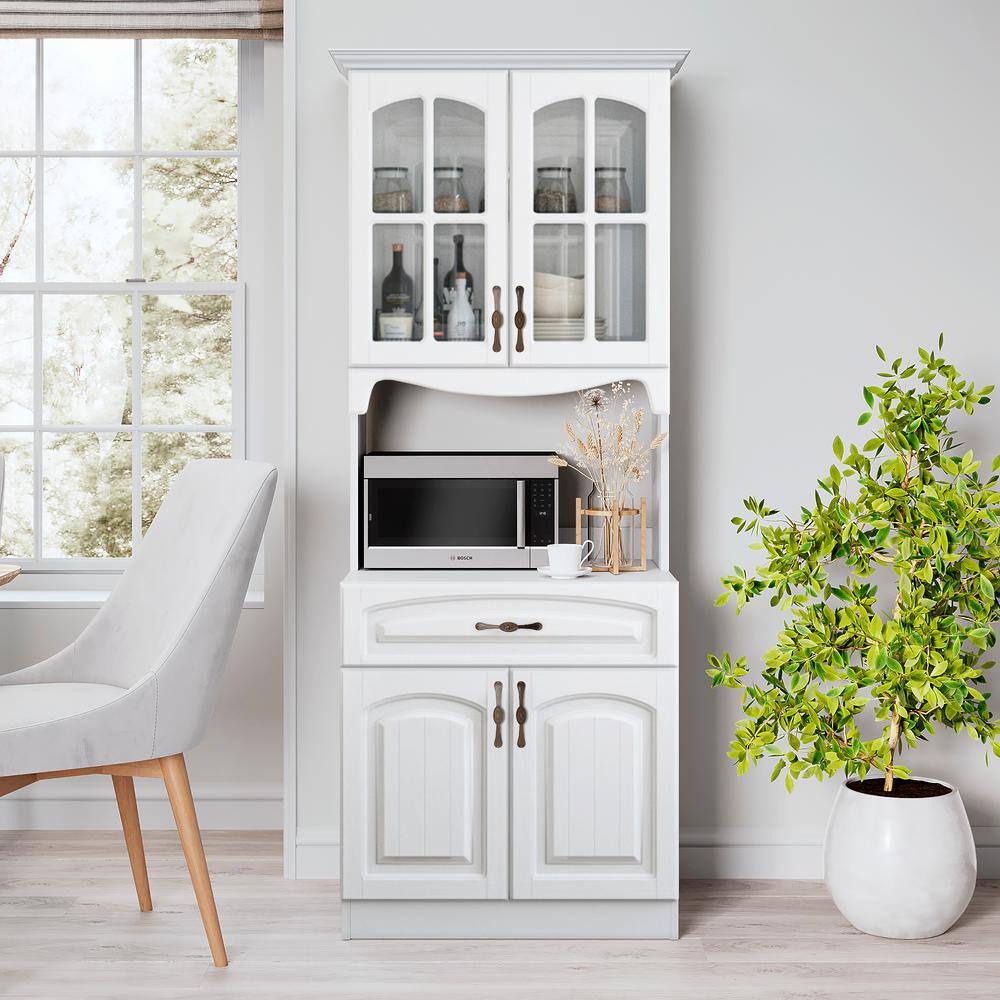 LIVING SKOG Galiano 73 in. White Kitchen Pantry Storage Cabinet Buffet with Hutch For Microwave with Drawer P7