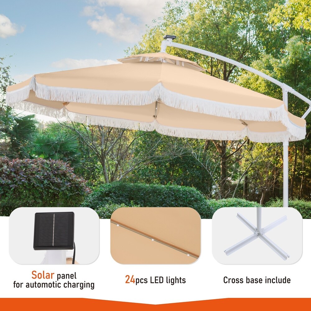 Outdoor 10Ft Double Top Crank Umbrella Patio Cantilever Umbrella with Fringe Tassel and LED Lights