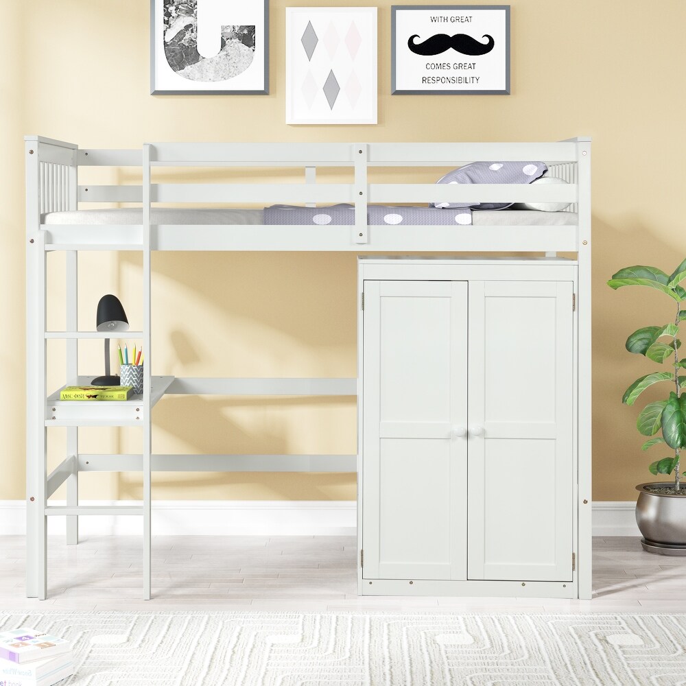 Twin Size Wood Loft Bed with Desk and Wardrobe  Gray