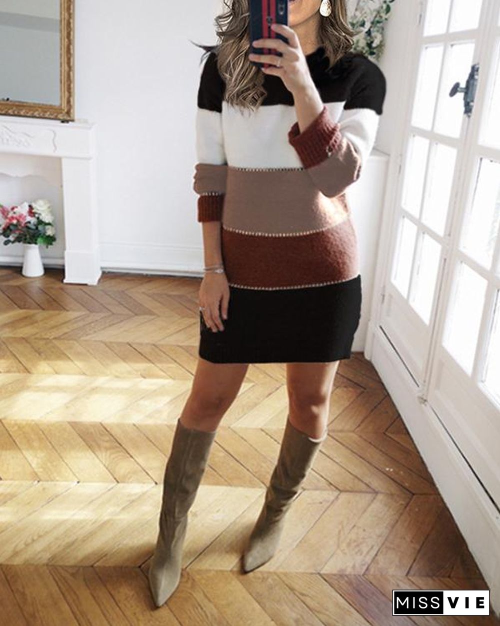 Women's Knit Sweater Long Sleeve Bodycon Mini Dress